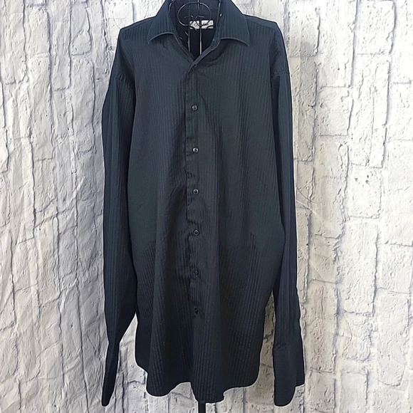 CALVIN KLEIN Black Striped Men's‎ Dress Shirt Size 17 1/2 36/37 Tall - Picture 1 of 8